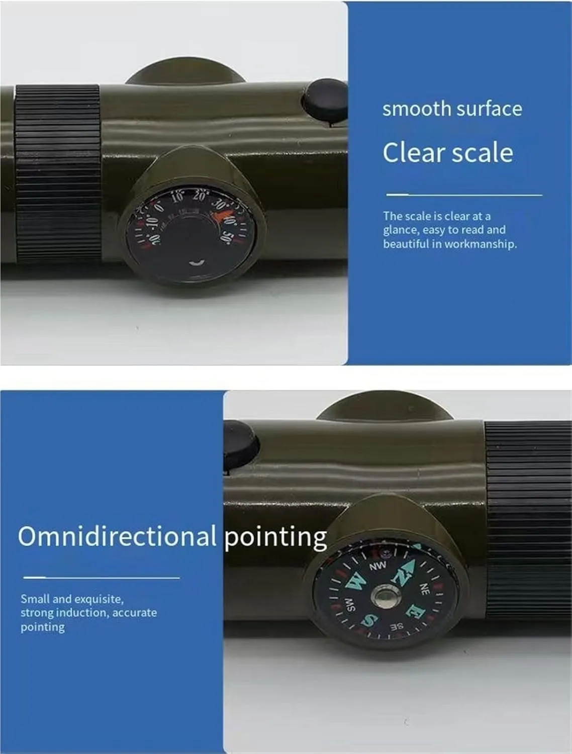 7-in-1 Emergency Survival Whistle with Compass, Magnifier, Torch, and Thermometer - Portable Outdoor Life-Saving Supplies(Army Green)
