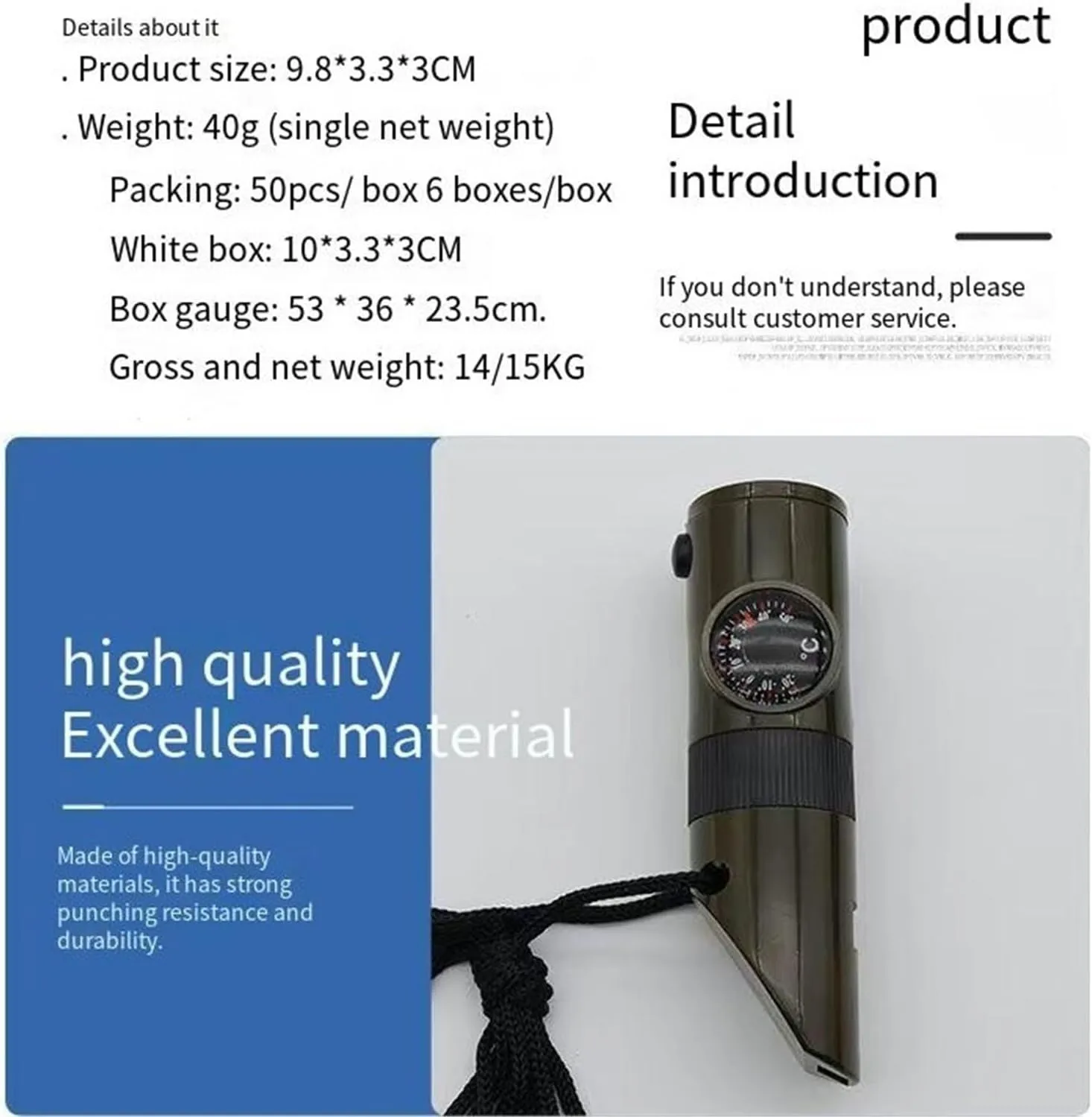 7-in-1 Emergency Survival Whistle with Compass, Magnifier, Torch, and Thermometer - Portable Outdoor Life-Saving Supplies(Army Green)