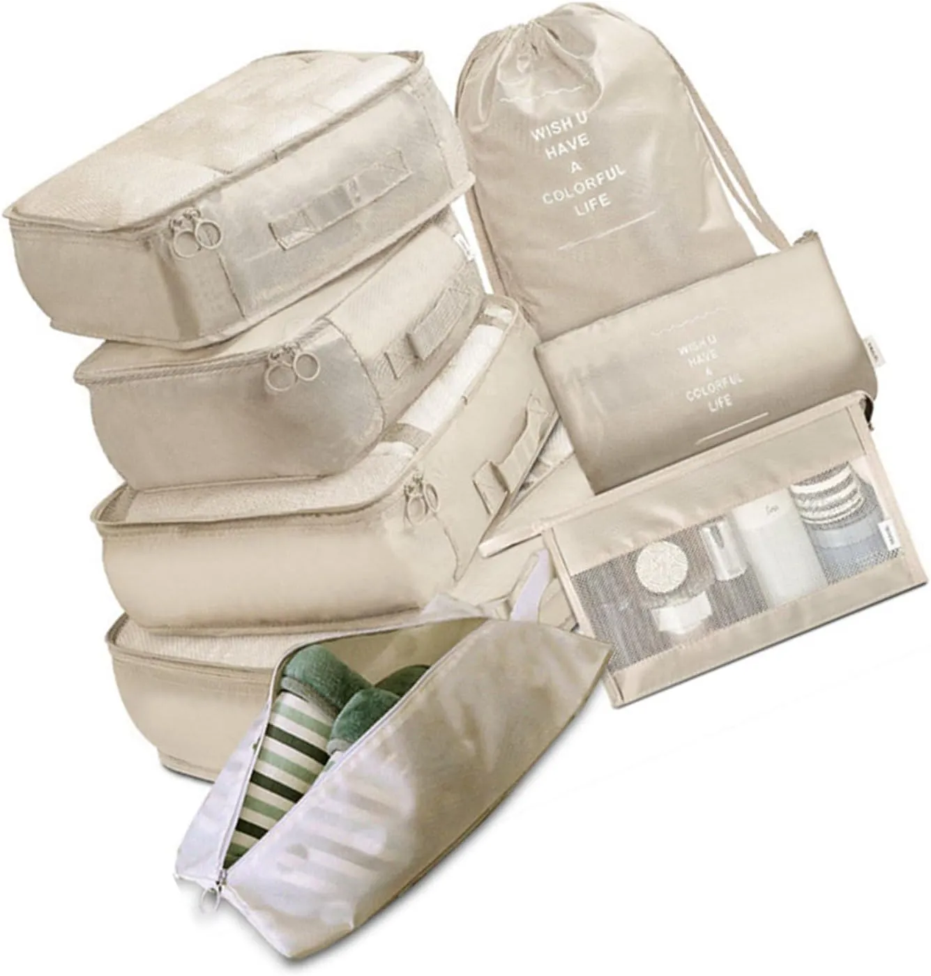 8 Set Packing Cubes, Carry On Luggage Organizer Bags with Shoe Bags Travel Underwear Storage Bag (Beige)