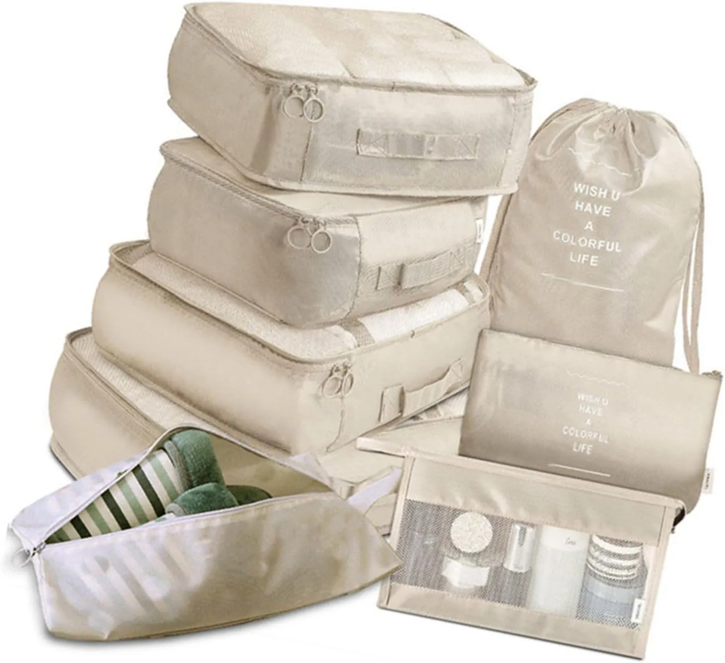 8 Set Packing Cubes, Carry On Luggage Organizer Bags with Shoe Bags Travel Underwear Storage Bag (Beige)