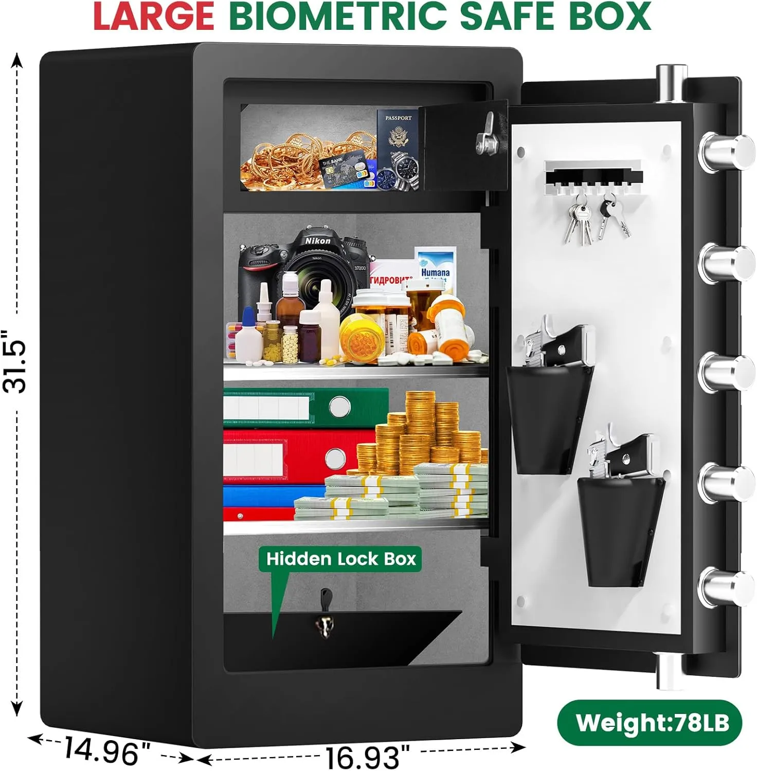 8.0 Cuft Heavy Duty Biometric Safe Box, Home Safes Water Fireproof, Large Document Safety With Bottom Hidden Safe and Dual alarms, Digital Security Safety Box for Money Jewelry Firearm Medicine