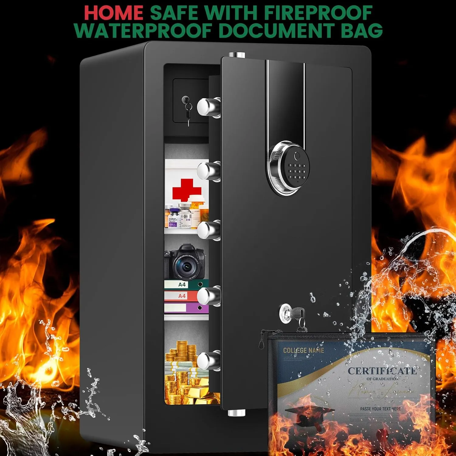 8.0 Cuft Heavy Duty Biometric Safe Box, Home Safes Water Fireproof, Large Document Safety With Bottom Hidden Safe and Dual alarms, Digital Security Safety Box for Money Jewelry Firearm Medicine