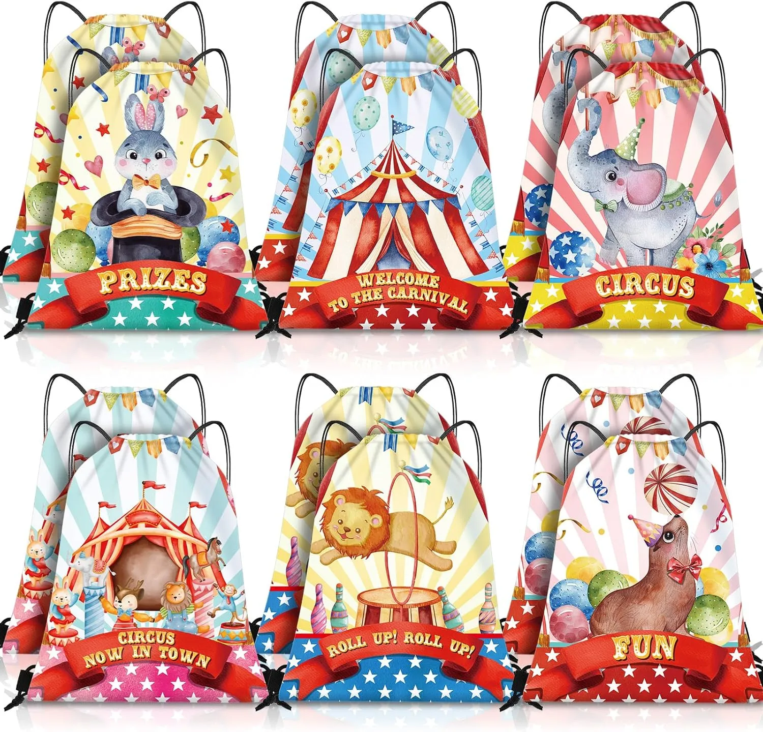 Abbylike 12 Pcs Circus Drawstring Bags Carnival Goody Gift Treat Bags Circus Party Favors Circus Party Drawstring Backpack Sport Gym Drawstring Bag for Kids Birthday Party Gift Candy Snack Bag