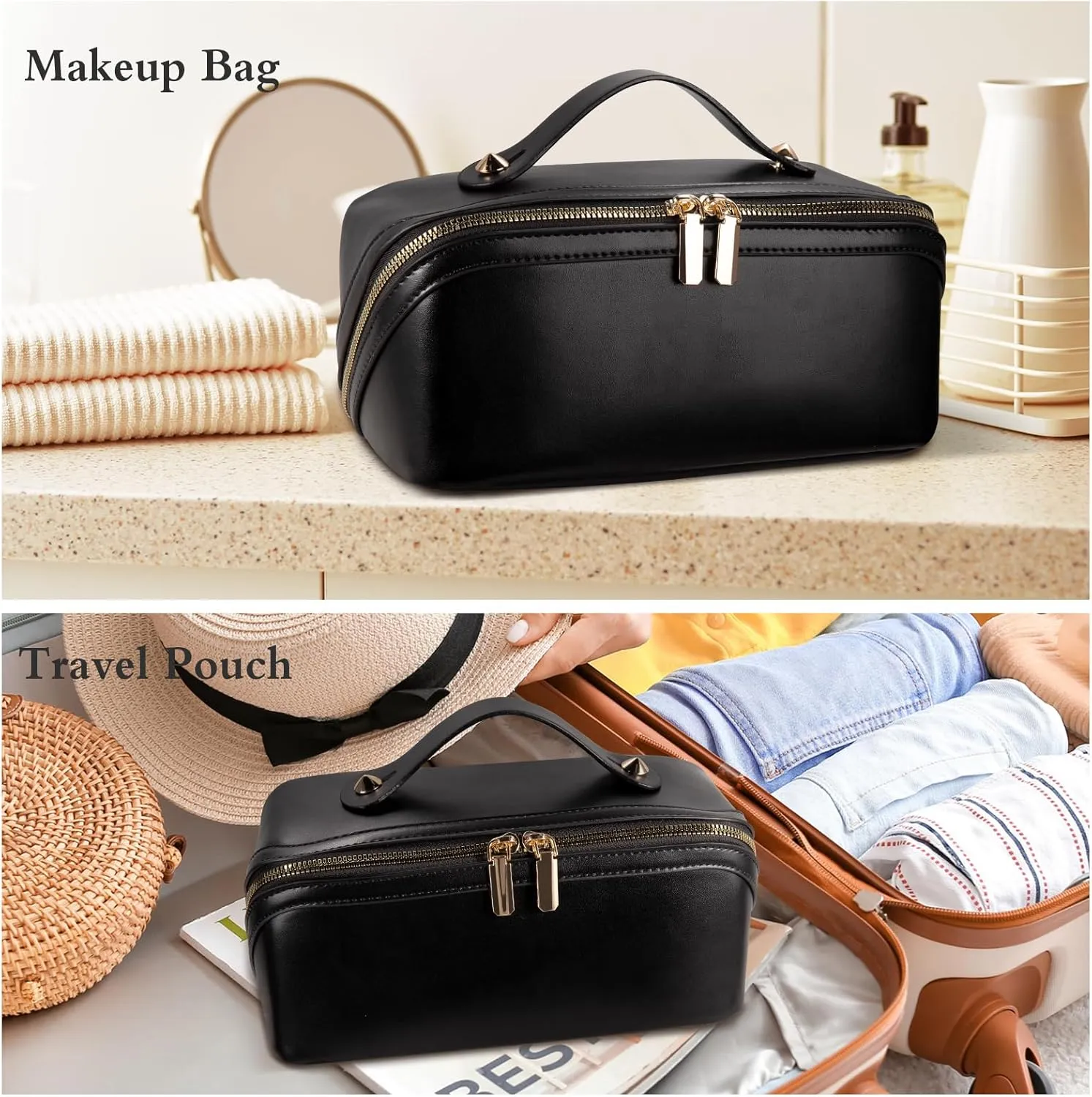 Abiudeng Travel Makeup Bag,Large Capacity Toiletry Bag Cosmetic Bags for Travel Essentials,Waterproof Portable Pouch Open Flat Makeup bag Organizer with Divider and Handle-black