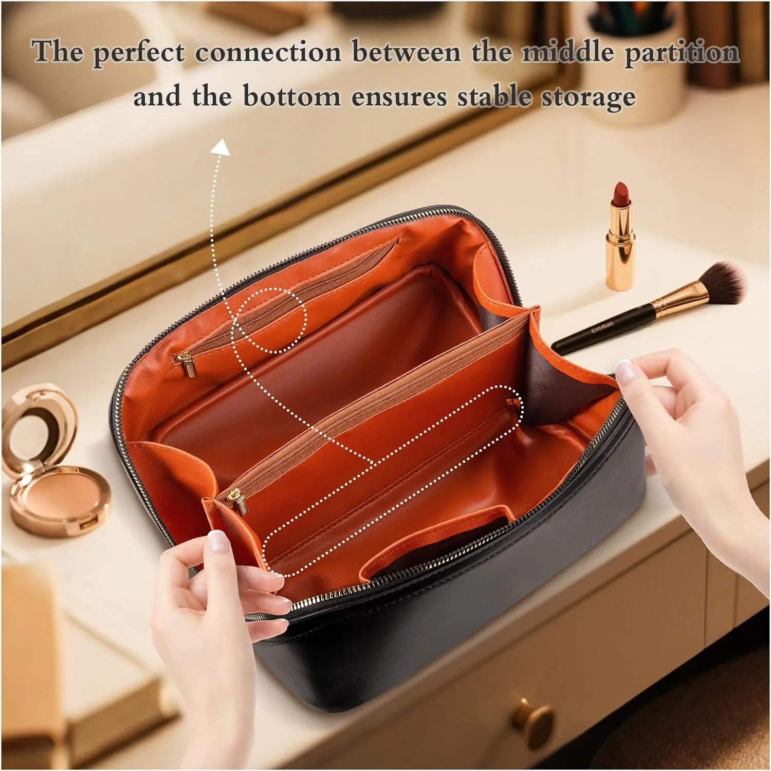 Abiudeng Travel Makeup Bag,Large Capacity Toiletry Bag Cosmetic Bags for Travel Essentials,Waterproof Portable Pouch Open Flat Makeup bag Organizer with Divider and Handle-black