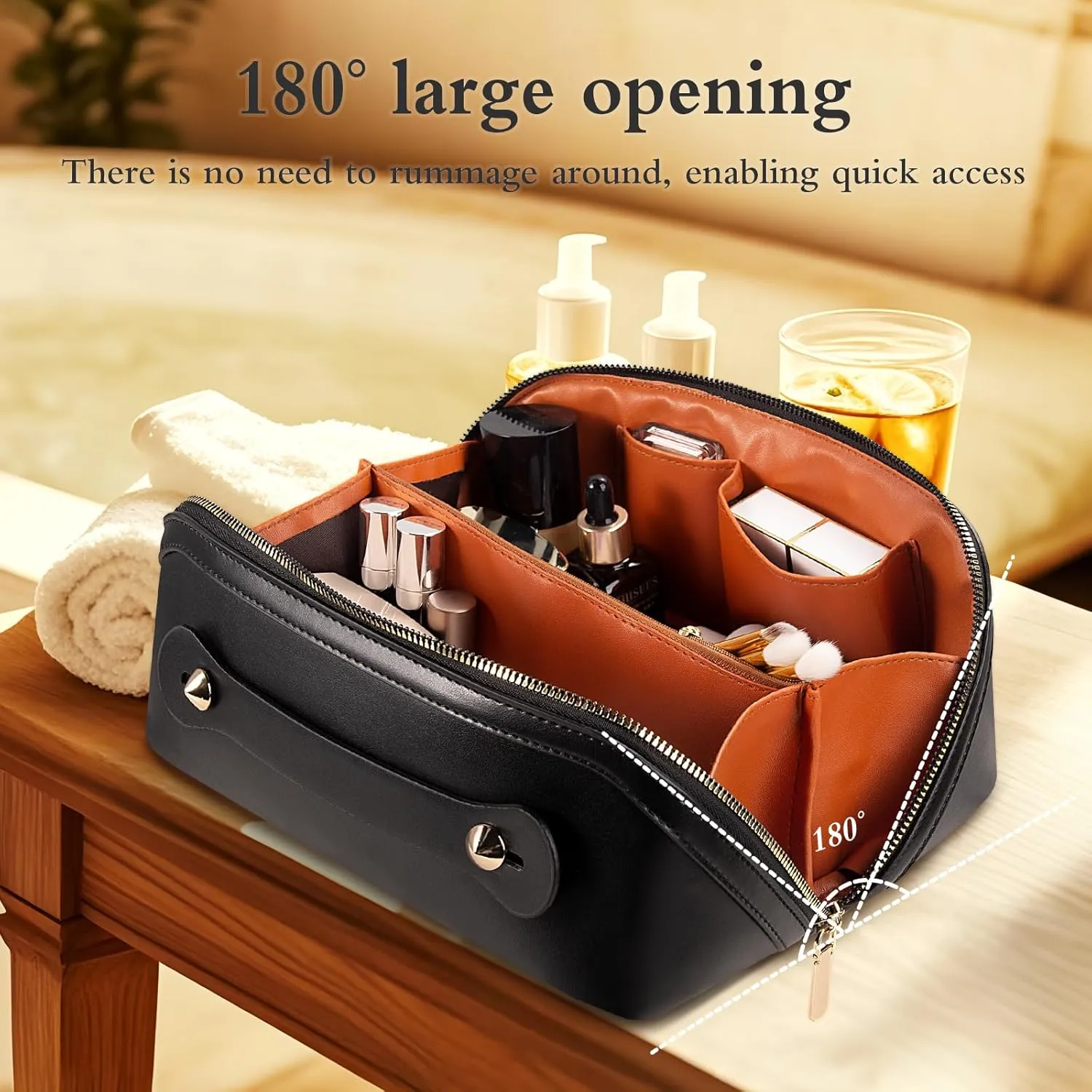 Abiudeng Travel Makeup Bag,Large Capacity Toiletry Bag Cosmetic Bags for Travel Essentials,Waterproof Portable Pouch Open Flat Makeup bag Organizer with Divider and Handle-black