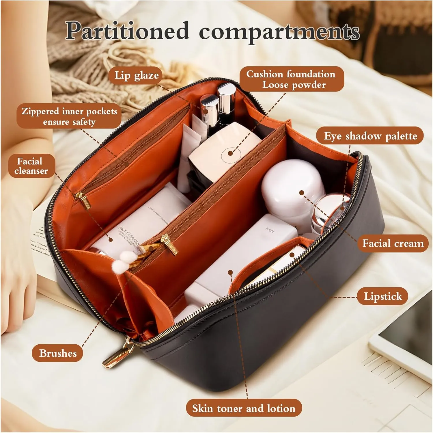 Abiudeng Travel Makeup Bag,Large Capacity Toiletry Bag Cosmetic Bags for Travel Essentials,Waterproof Portable Pouch Open Flat Makeup bag Organizer with Divider and Handle-black