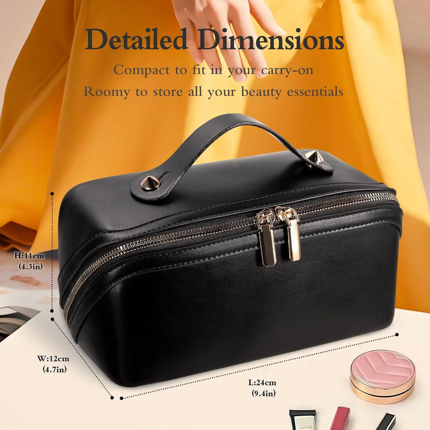 Abiudeng Travel Makeup Bag,Large Capacity Toiletry Bag Cosmetic Bags for Travel Essentials,Waterproof Portable Pouch Open Flat Makeup bag Organizer with Divider and Handle-black