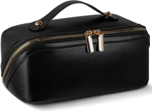 Abiudeng Travel Makeup Bag,Large Capacity Toiletry Bag Cosmetic Bags for Travel Essentials,Waterproof Portable Pouch Open Flat Makeup bag Organizer with Divider and Handle-black