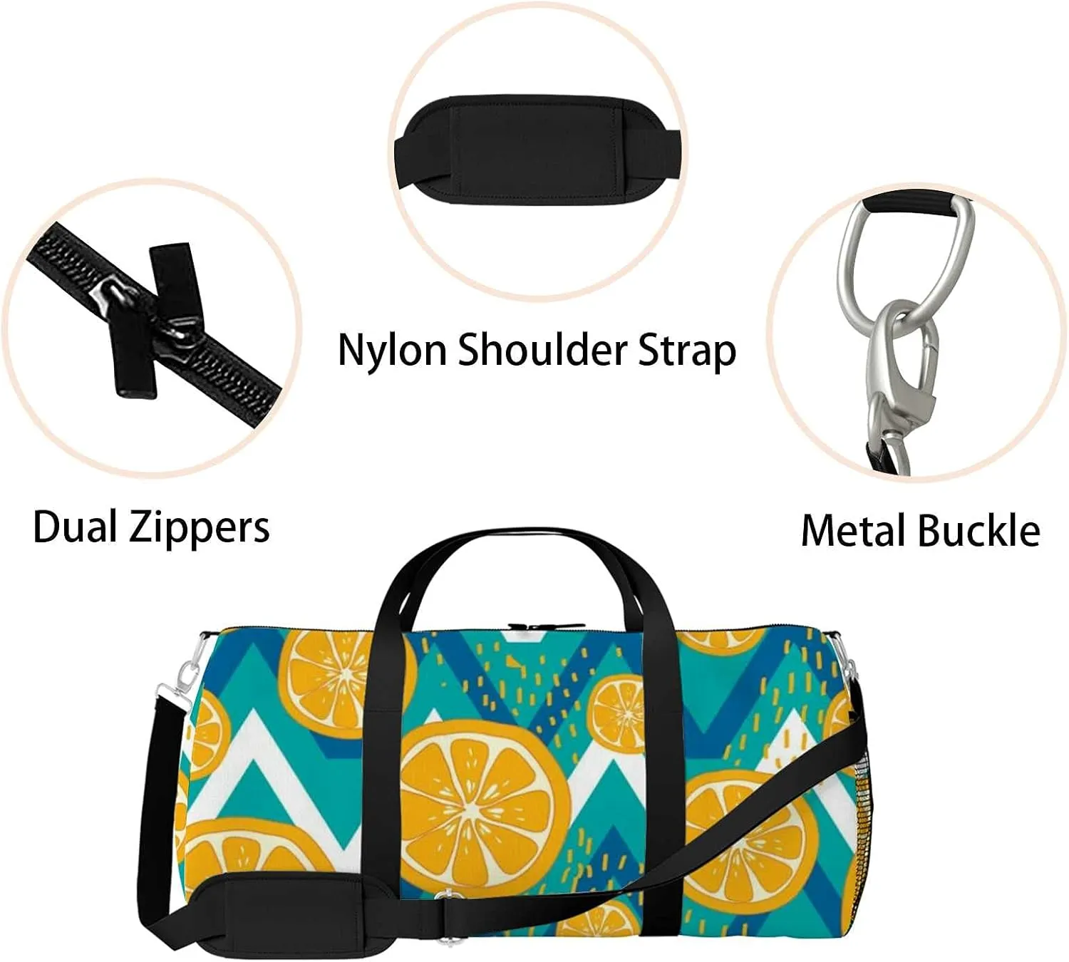 Abstract Lemon Fruit Wave Stripes Turquoise Color Sports Duffel Bag Travel Gym Tote Bags Lightweight Durable Shoulder Strap Waterproof Polyester Outside Mesh Pocket Overnight Trip Duffel Bag for Women Men