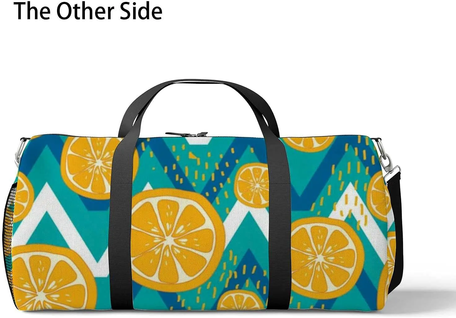 Abstract Lemon Fruit Wave Stripes Turquoise Color Sports Duffel Bag Travel Gym Tote Bags Lightweight Durable Shoulder Strap Waterproof Polyester Outside Mesh Pocket Overnight Trip Duffel Bag for Women Men