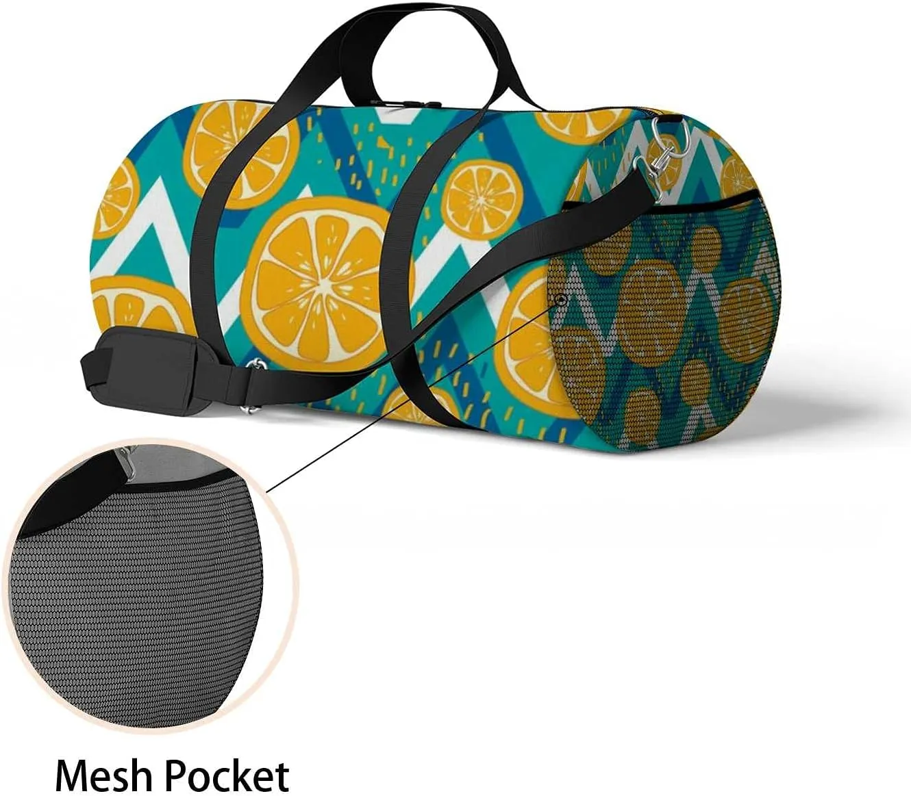 Abstract Lemon Fruit Wave Stripes Turquoise Color Sports Duffel Bag Travel Gym Tote Bags Lightweight Durable Shoulder Strap Waterproof Polyester Outside Mesh Pocket Overnight Trip Duffel Bag for Women Men