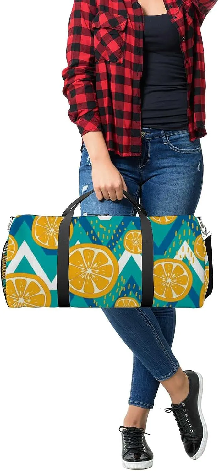 Abstract Lemon Fruit Wave Stripes Turquoise Color Sports Duffel Bag Travel Gym Tote Bags Lightweight Durable Shoulder Strap Waterproof Polyester Outside Mesh Pocket Overnight Trip Duffel Bag for Women Men