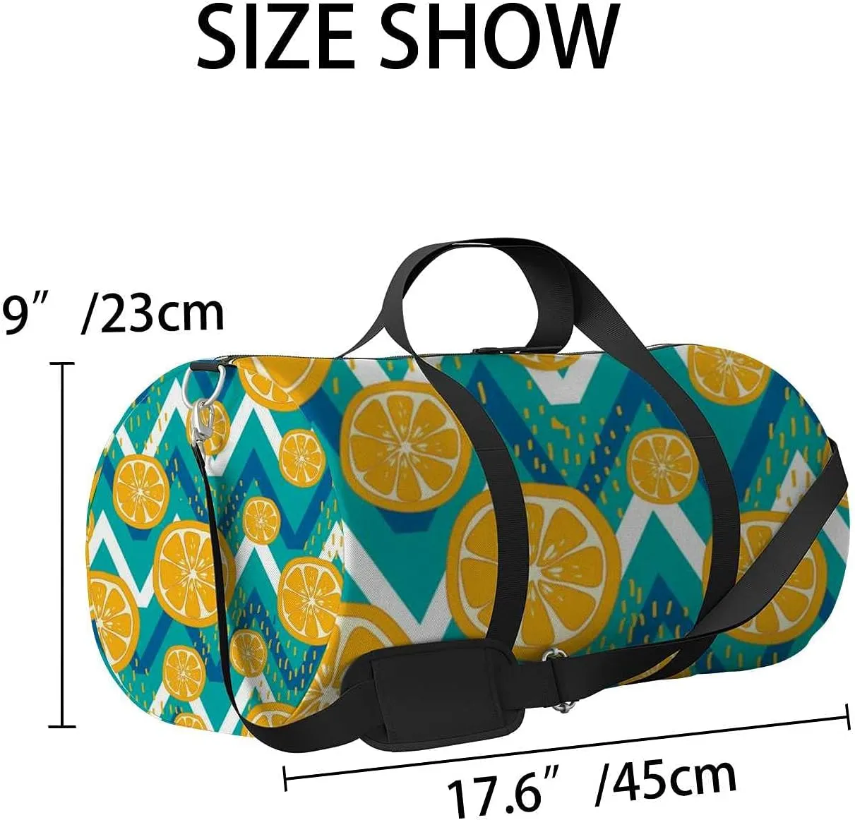 Abstract Lemon Fruit Wave Stripes Turquoise Color Sports Duffel Bag Travel Gym Tote Bags Lightweight Durable Shoulder Strap Waterproof Polyester Outside Mesh Pocket Overnight Trip Duffel Bag for Women Men