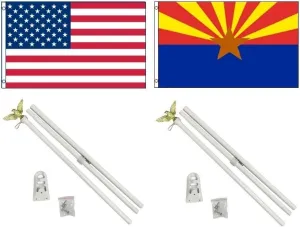 AES 3x5 3'x5' USA American w/State of Arizona Flag w/Two 6' White Flagpole Pole Kits Eagle Topper