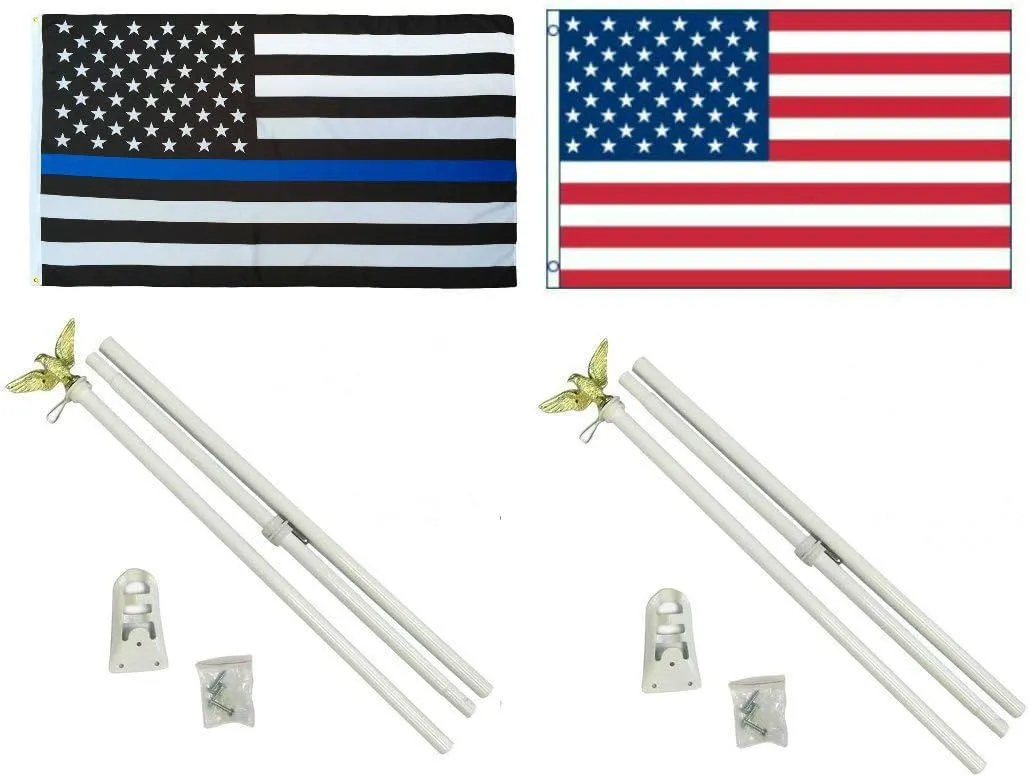 AES 3'x5' USA Police Blue Line Memorial & United States Polyester Flags & 2 White Pole Kit Sets