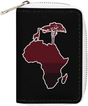 African Safari Map Silhouette Credit Card Holder Small Wallet Zipper Leather Case Business Card Organizer Case