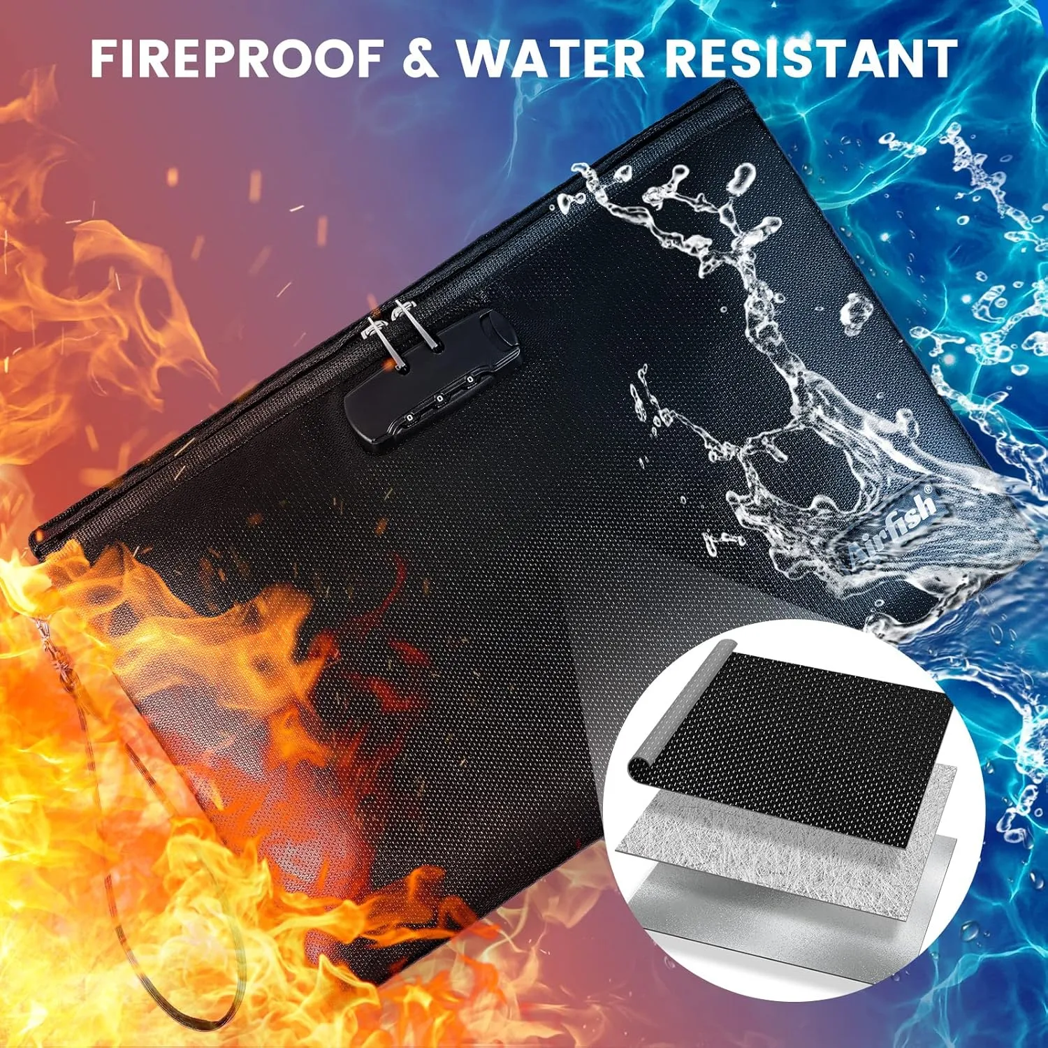 Airfish Fireproof Document Bags with Lock, 14.2 x 10 inches Zipper Closure Money Bag, Safe and Waterproof Storage Pouch for A4 A5 Document, Cash, Watch, Jewelry, Passport, Phone, Pad