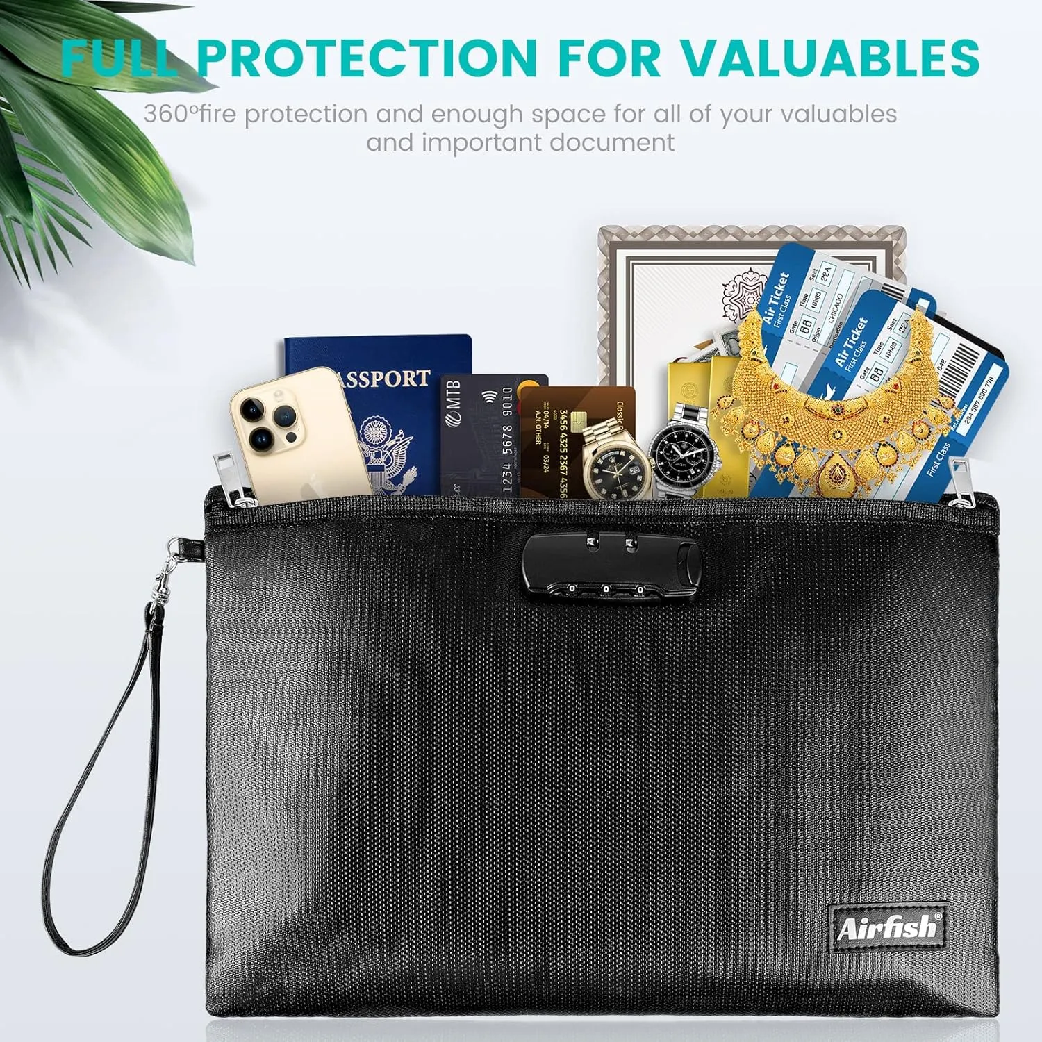 Airfish Fireproof Document Bags with Lock, 14.2 x 10 inches Zipper Closure Money Bag, Safe and Waterproof Storage Pouch for A4 A5 Document, Cash, Watch, Jewelry, Passport, Phone, Pad