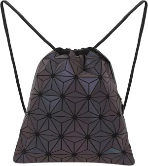 Aisi Unisex PU Leather Holographic Geometric Drawstring Backpack Luminous Gym Backpacks Reflective Sport Travel String Bag, Black, bb-03877-01SS