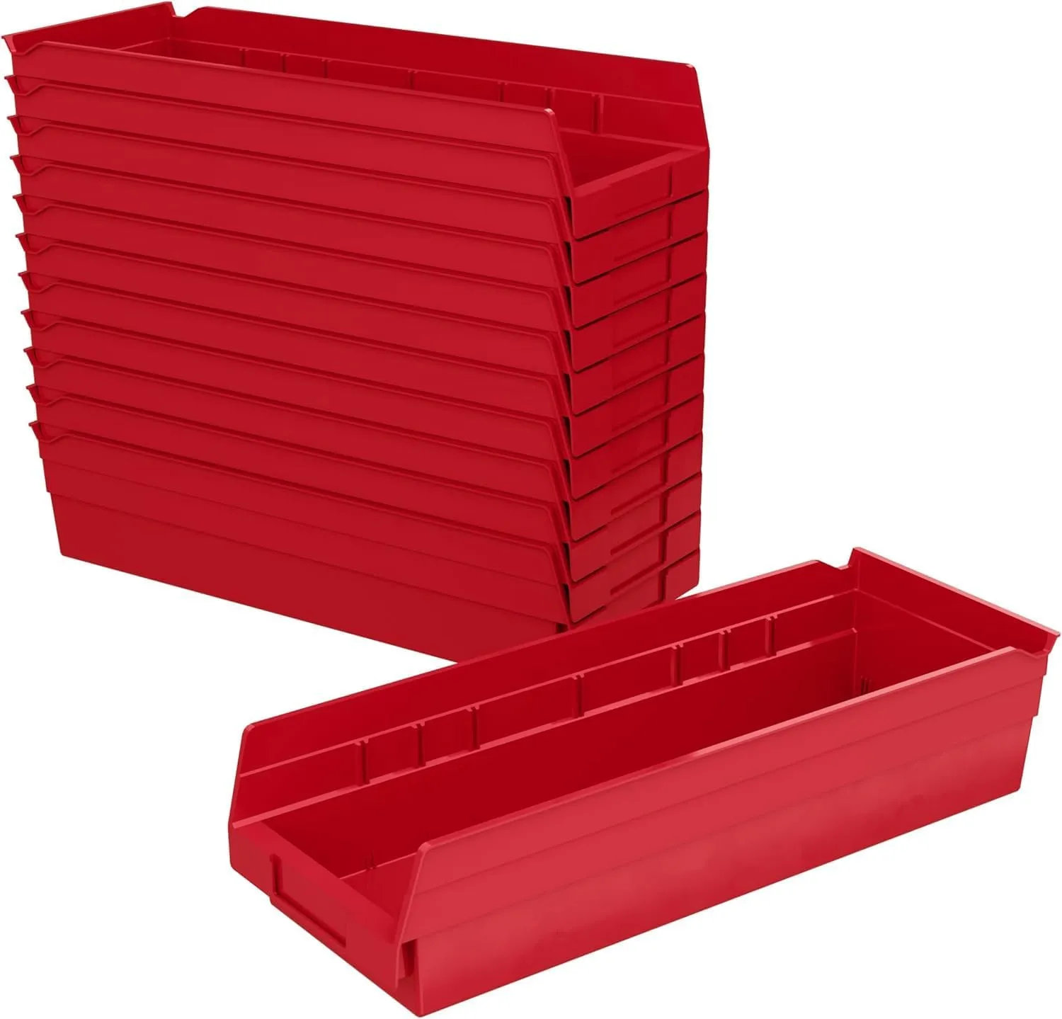 Akro-Mils 30138 Plastic Shelf Bins, Heavy Duty Storage Bins for Garage, Closet, and Drawer Organization, 18-Inch x 6-1/2-Inch x 4-Inch, Red, 12-Pack