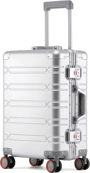 All Aluminum Carry On Luggage 22x14x9 Airline Approved Hard Shell Suitcases with Spinner Wheels Zipperless Luggage 20 inch Carry On Suitcase, Sliver