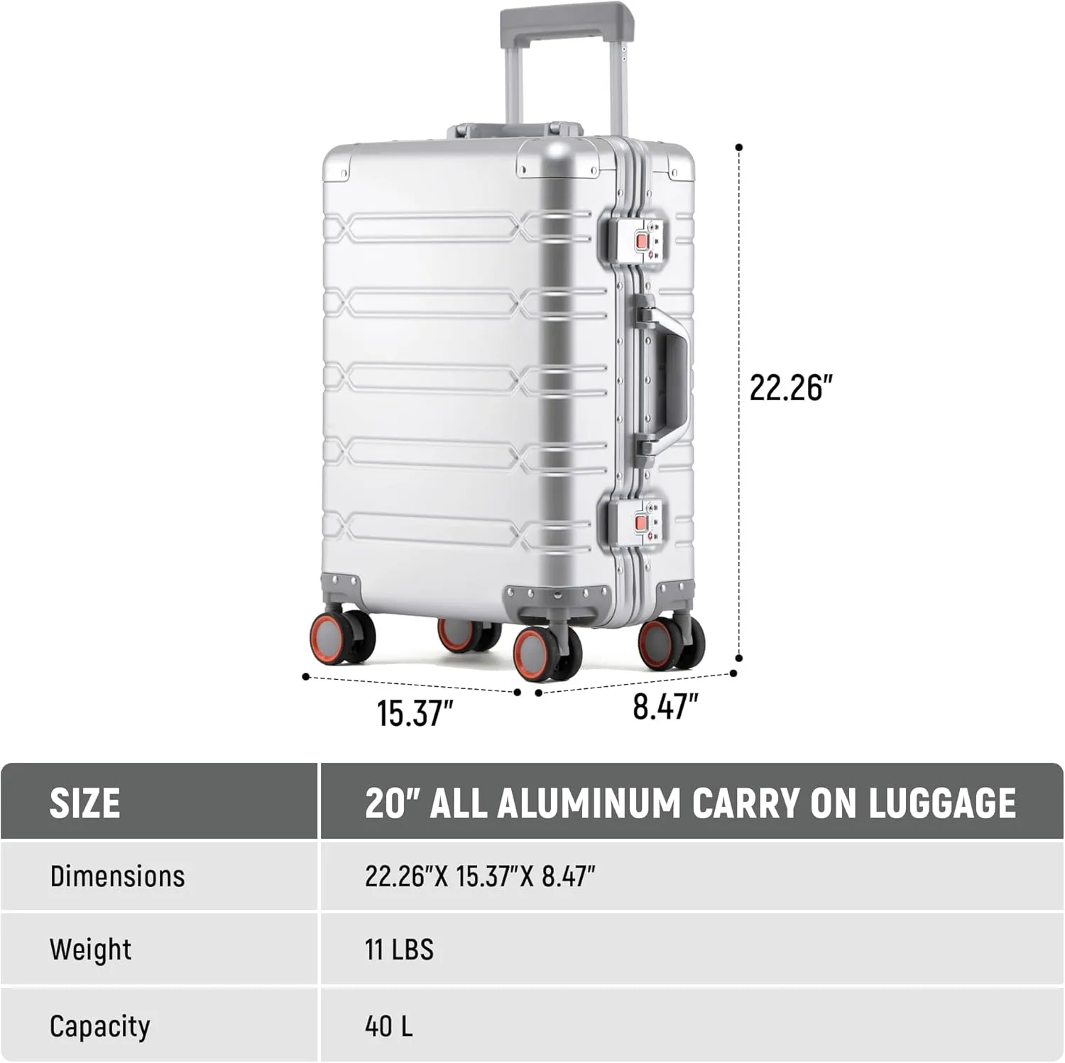 All Aluminum Carry On Luggage 22x14x9 Airline Approved Hard Shell Suitcases with Spinner Wheels Zipperless Luggage 20 inch Carry On Suitcase, Sliver