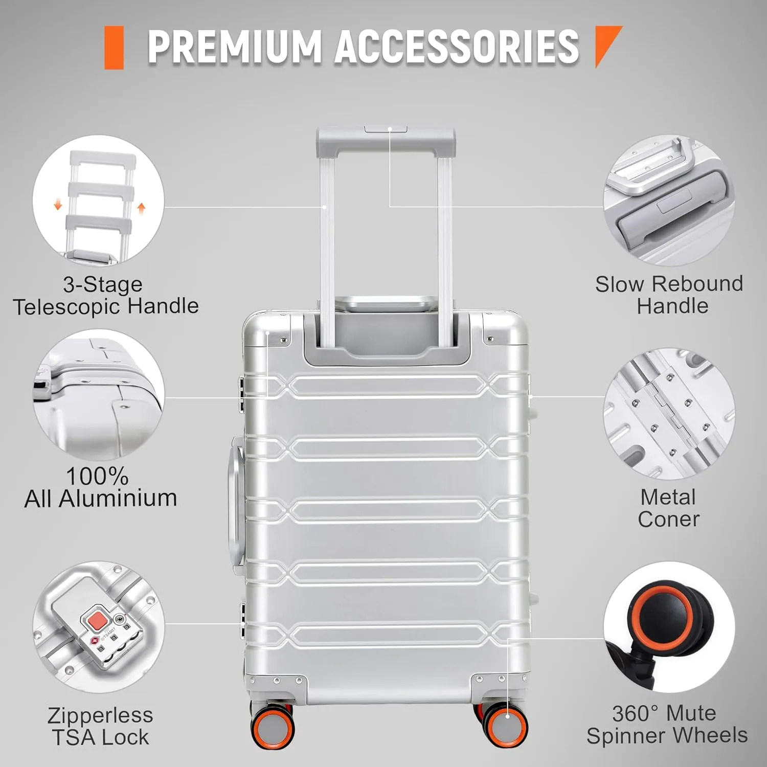All Aluminum Carry On Luggage 22x14x9 Airline Approved Hard Shell Suitcases with Spinner Wheels Zipperless Luggage 20 inch Carry On Suitcase, Sliver