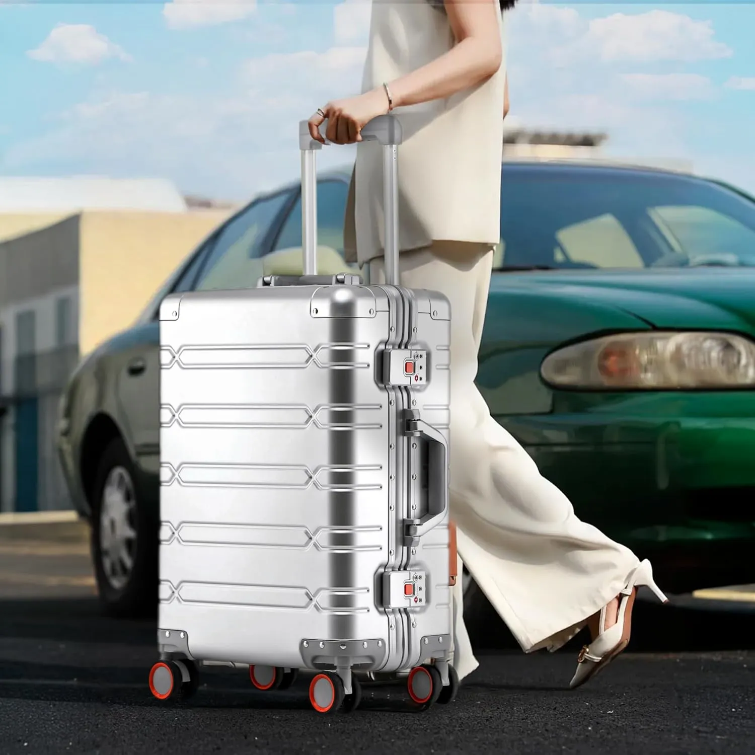 All Aluminum Carry On Luggage 22x14x9 Airline Approved Hard Shell Suitcases with Spinner Wheels Zipperless Luggage 20 inch Carry On Suitcase, Sliver