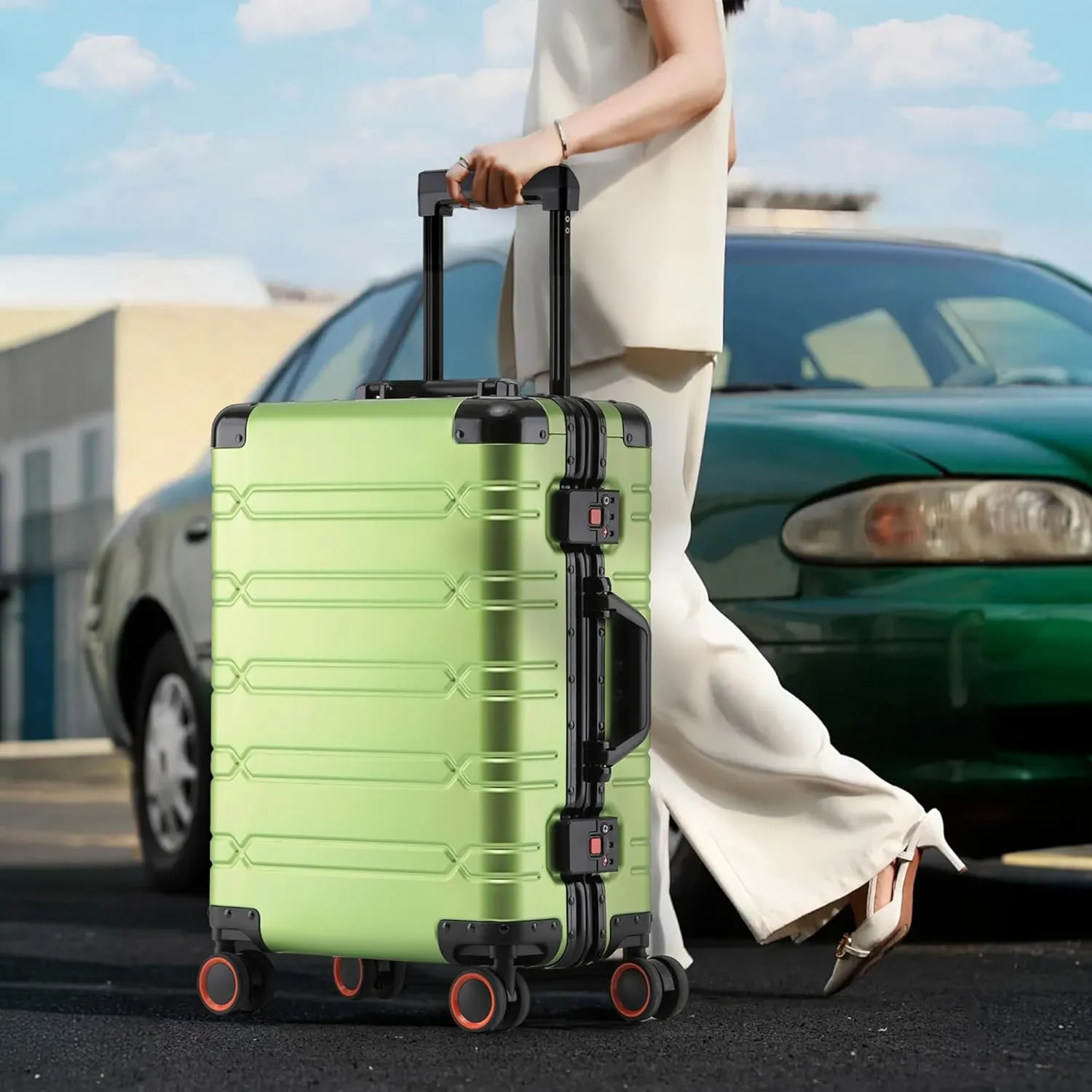 All Aluminum Carry On Luggage Hard Shell Suitcases with Spinner Wheels Zipperless Luggage 20 inch Carry On Suitcase, Fruit Green