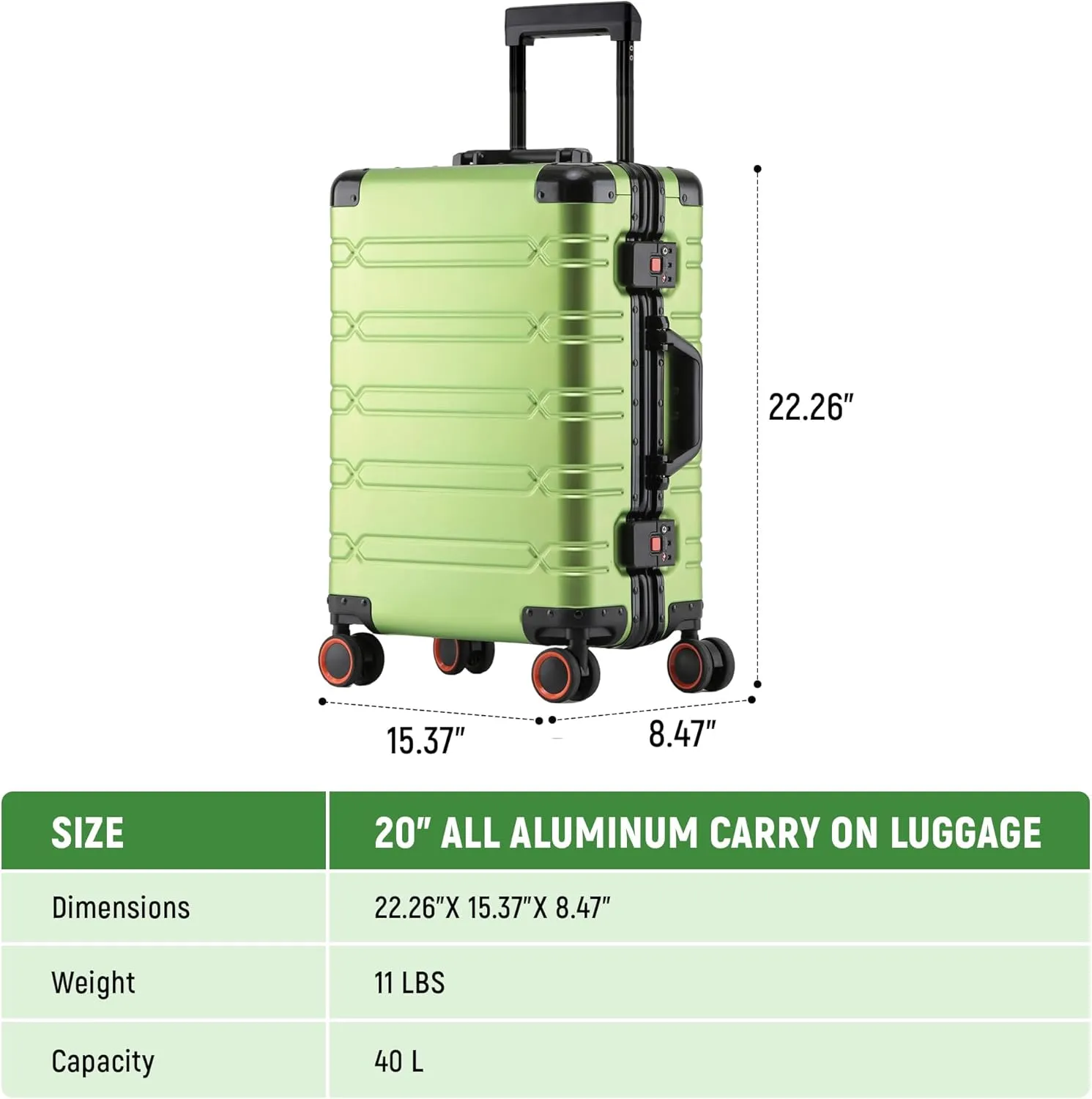 All Aluminum Carry On Luggage Hard Shell Suitcases with Spinner Wheels Zipperless Luggage 20 inch Carry On Suitcase, Fruit Green