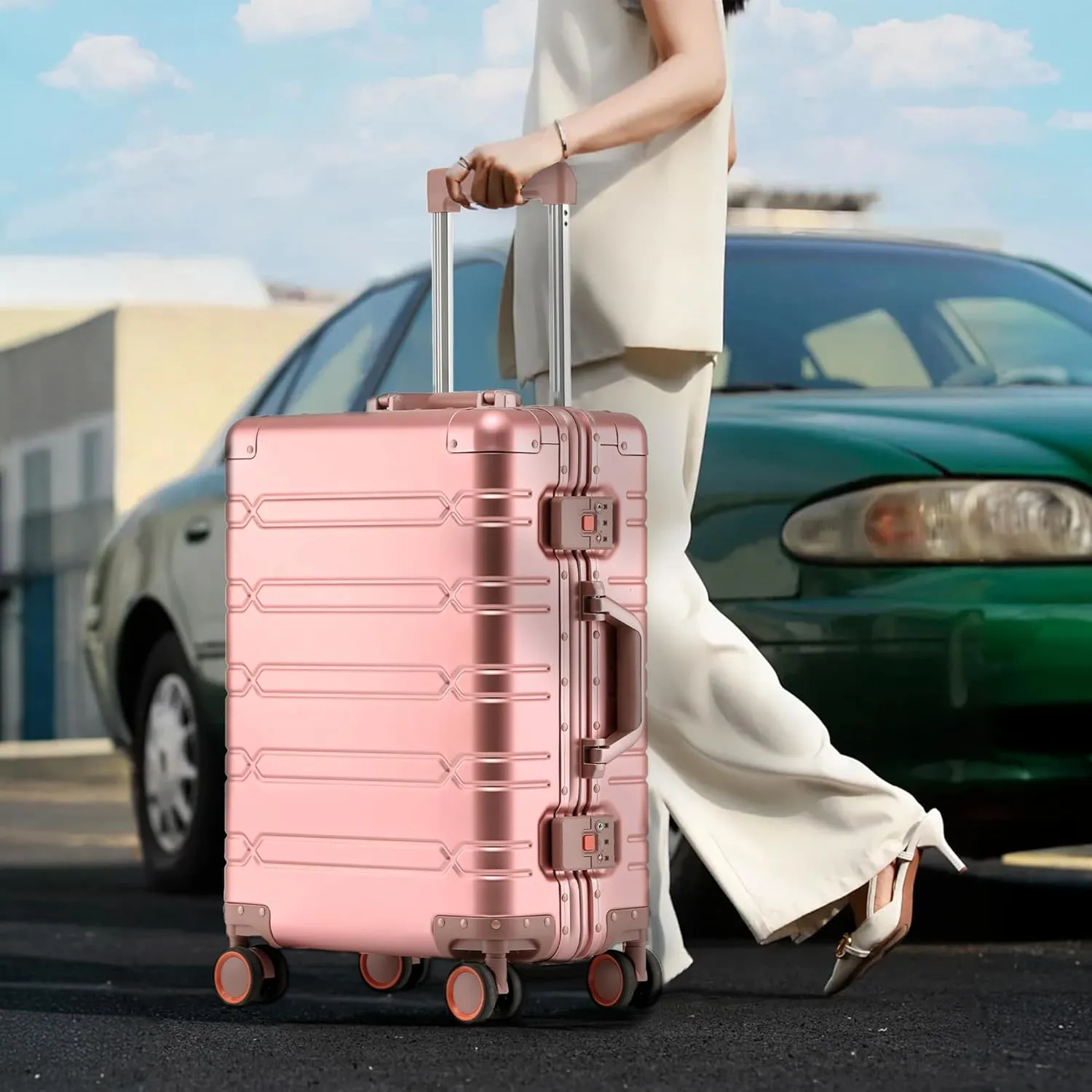 All Aluminum Carry On Luggage Hard Shell Suitcases with Spinner Wheels Zipperless Luggage 20 inch Carry On Suitcase, Pink