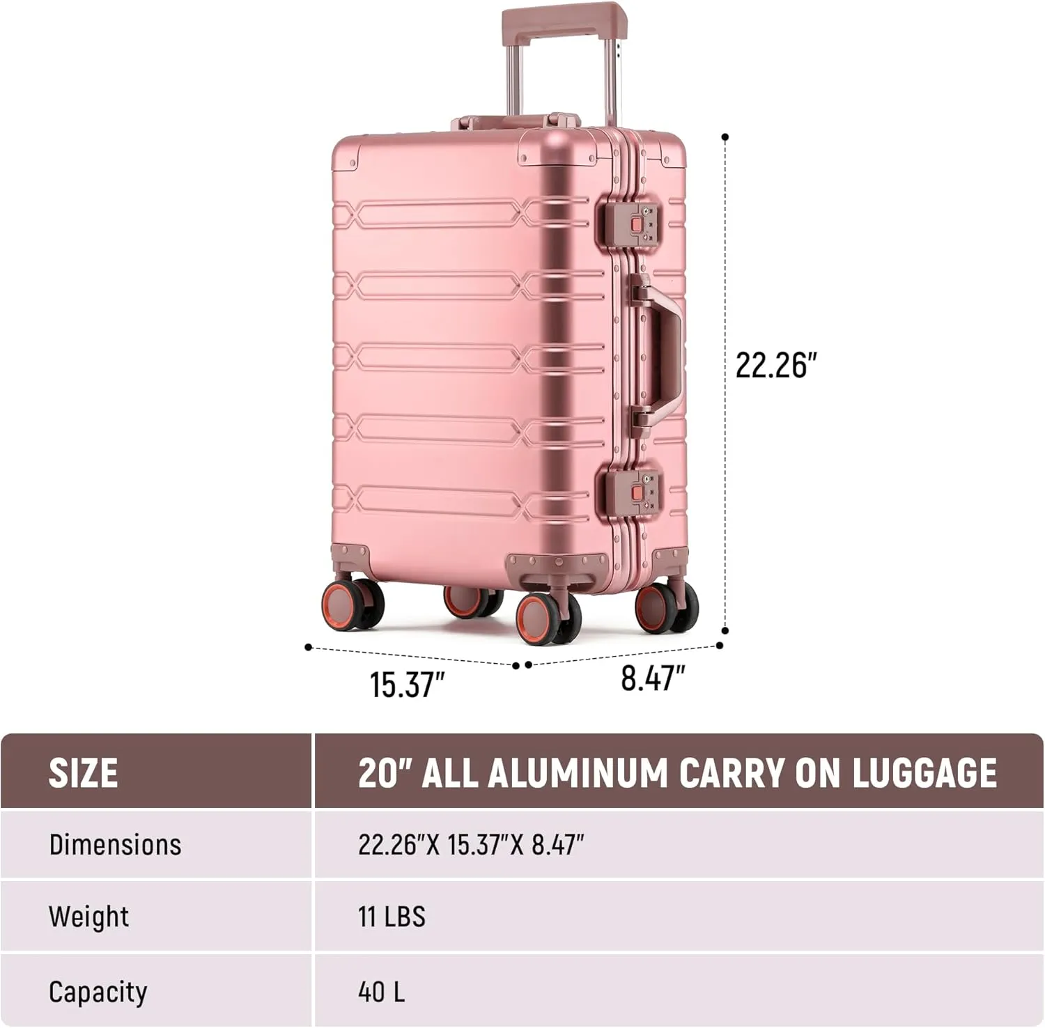 All Aluminum Carry On Luggage Hard Shell Suitcases with Spinner Wheels Zipperless Luggage 20 inch Carry On Suitcase, Pink