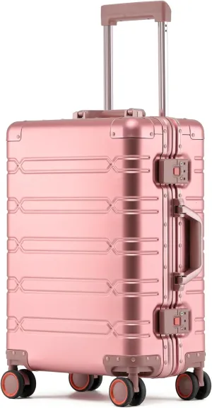 All Aluminum Carry On Luggage Hard Shell Suitcases with Spinner Wheels Zipperless Luggage 20 inch Carry On Suitcase, Pink