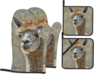Alpaca Llama Print Convenient Oven Mitts Pot Holders Set Duty Heat Resistant Gloves with Quilted Liner