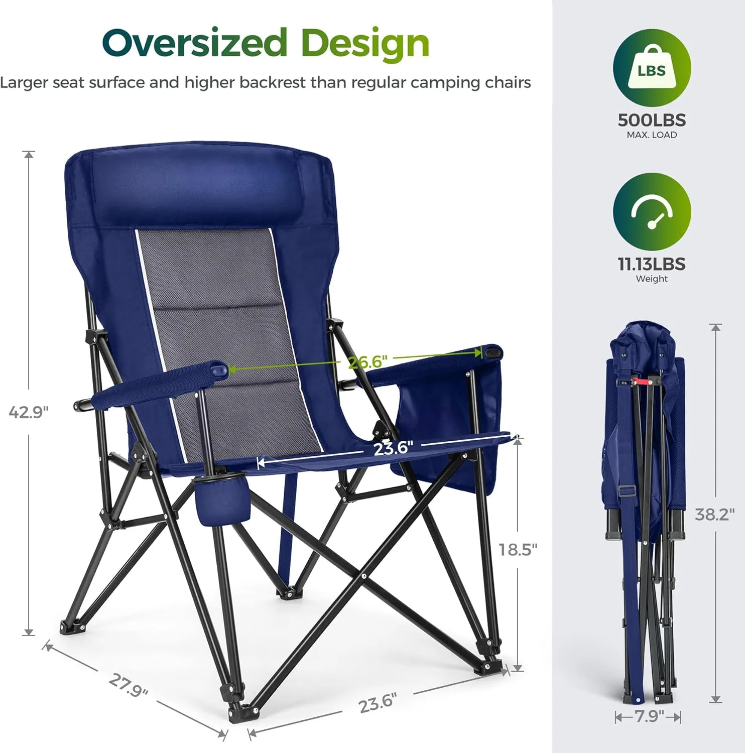 ALPHA CAMP Oversized Folding Camping Chairs High Backrest Heavy Duty Lawn Chairs for Adults Support 500 LBS Portable Camp Chairs with Cup Holders Large Side Pocket Outdoor Chair 2 Pack