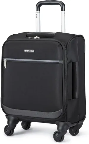 Amazon Basics Luggage, 18" Small Carry-On Softside Suitcase With Wheels, With Four 360-Degree Multi-directional Spinner Wheels, Expandable Space, Zippered Pocket and Straps, Telescopic Handle, Black