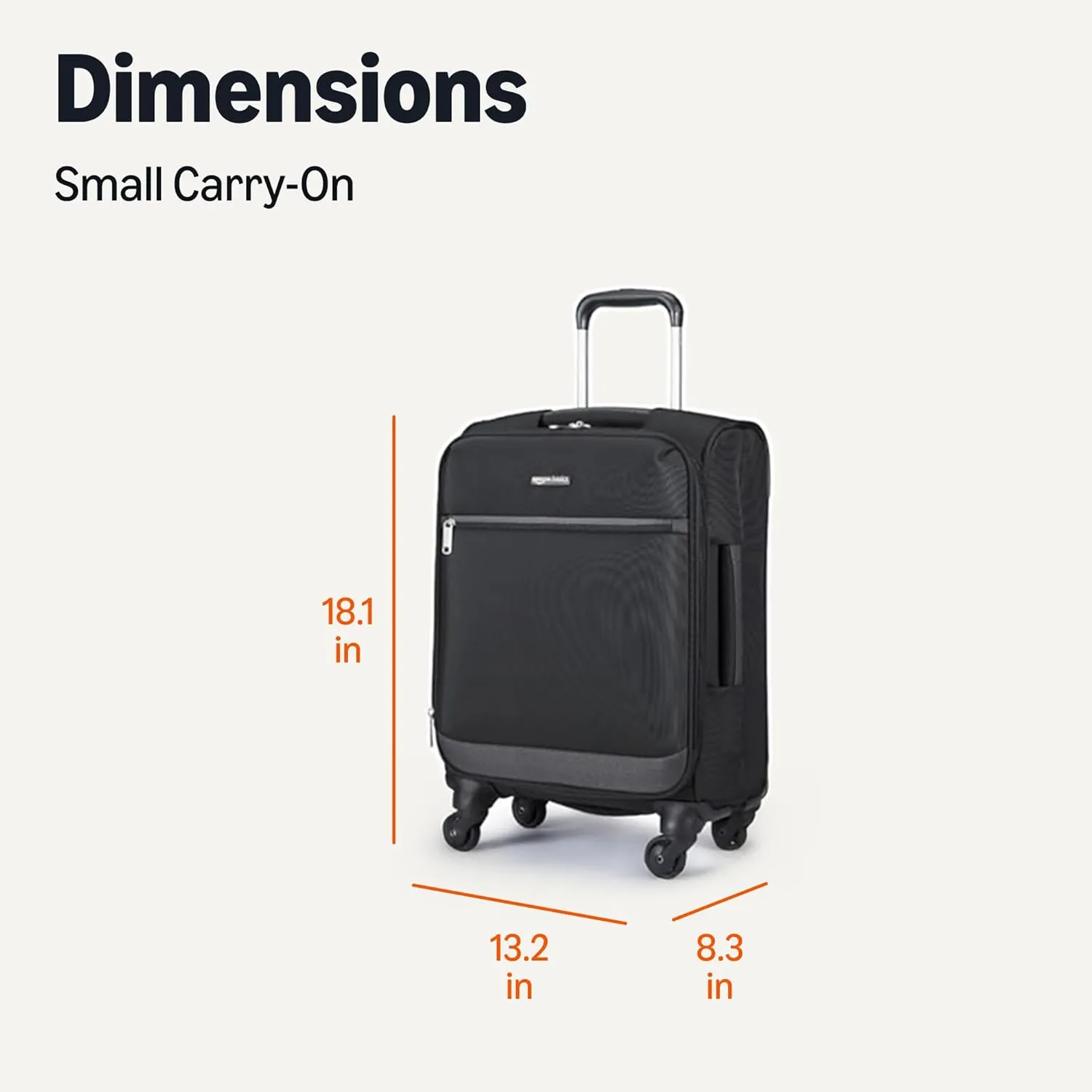 Amazon Basics Luggage, 18" Small Carry-On Softside Suitcase With Wheels, With Four 360-Degree Multi-directional Spinner Wheels, Expandable Space, Zippered Pocket and Straps, Telescopic Handle, Black