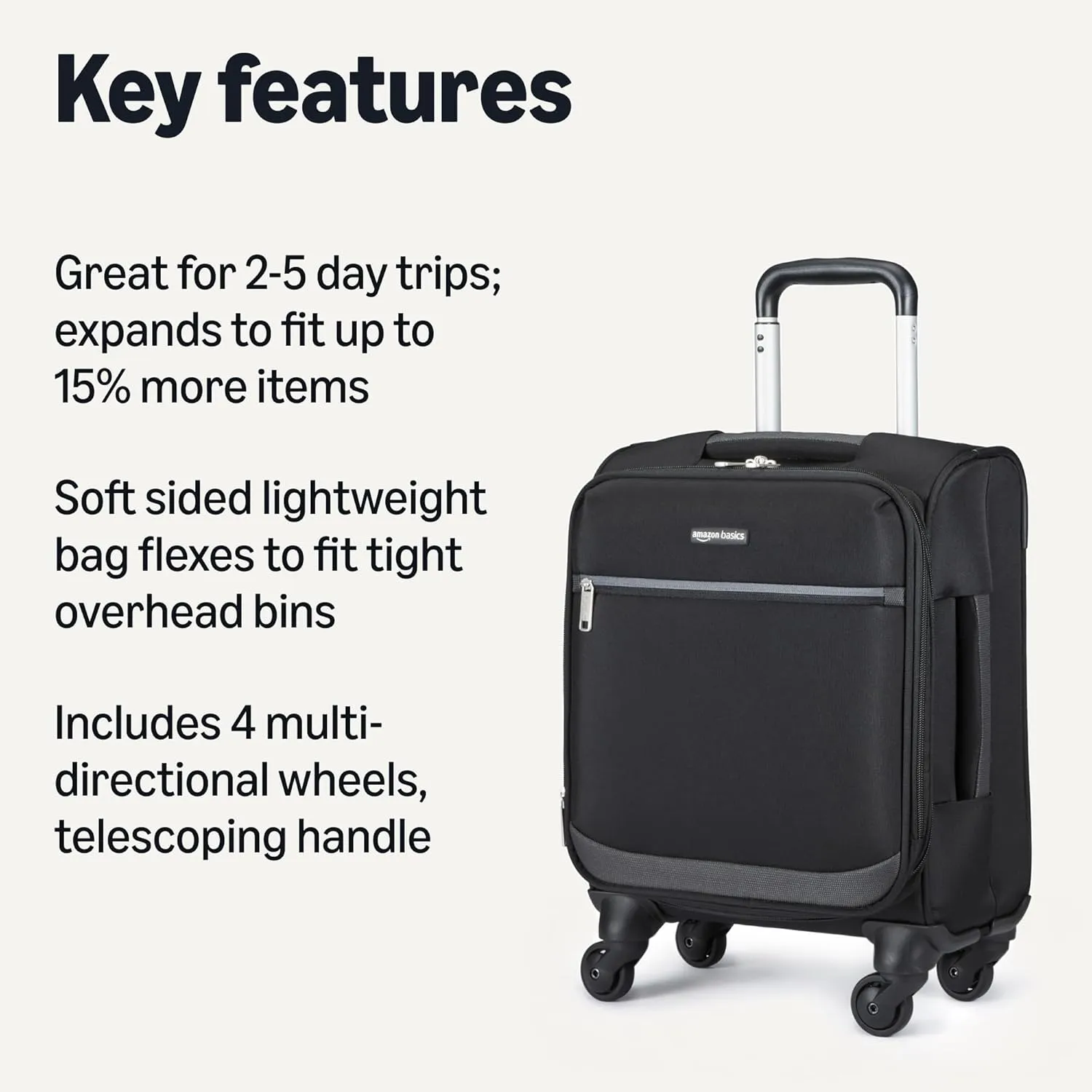 Amazon Basics Luggage, 18" Small Carry-On Softside Suitcase With Wheels, With Four 360-Degree Multi-directional Spinner Wheels, Expandable Space, Zippered Pocket and Straps, Telescopic Handle, Black