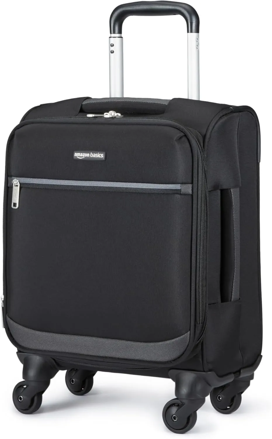 Amazon Basics Luggage, 18" Small Carry-On Softside Suitcase With Wheels, With Four 360-Degree Multi-directional Spinner Wheels, Expandable Space, Zippered Pocket and Straps, Telescopic Handle, Black