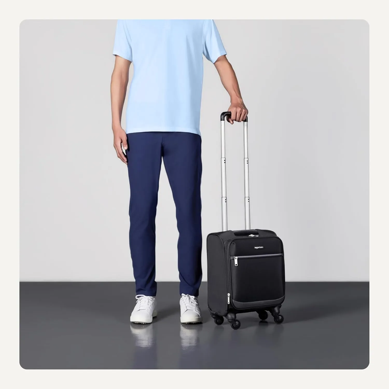 Amazon Basics Luggage, 18" Small Carry-On Softside Suitcase With Wheels, With Four 360-Degree Multi-directional Spinner Wheels, Expandable Space, Zippered Pocket and Straps, Telescopic Handle, Black