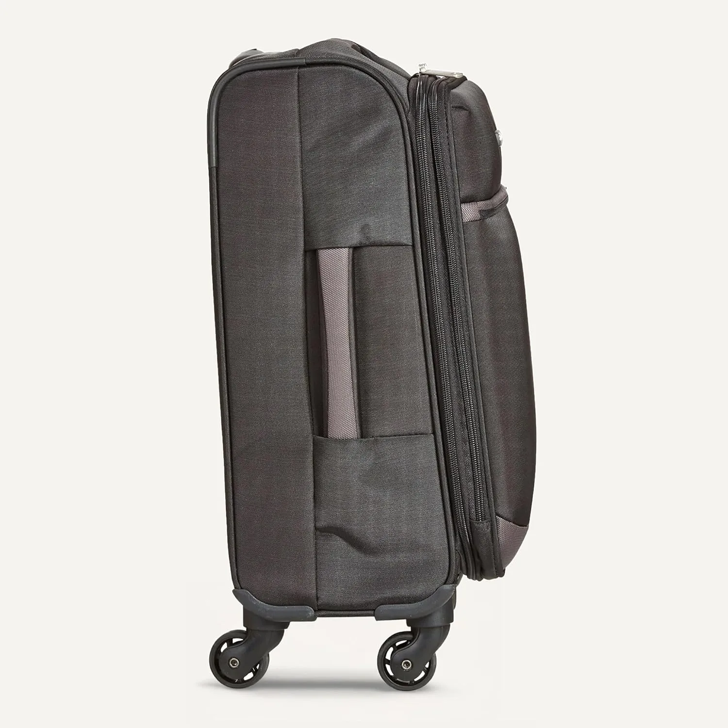 Amazon Basics Luggage, 21" Medium Carry-On Softside Suitcase With Wheels, With Four 360-Degree Multi-directional Spinner Wheels, Expandable Space, ZipperedPocket and Straps, Telescopic Handle, Black