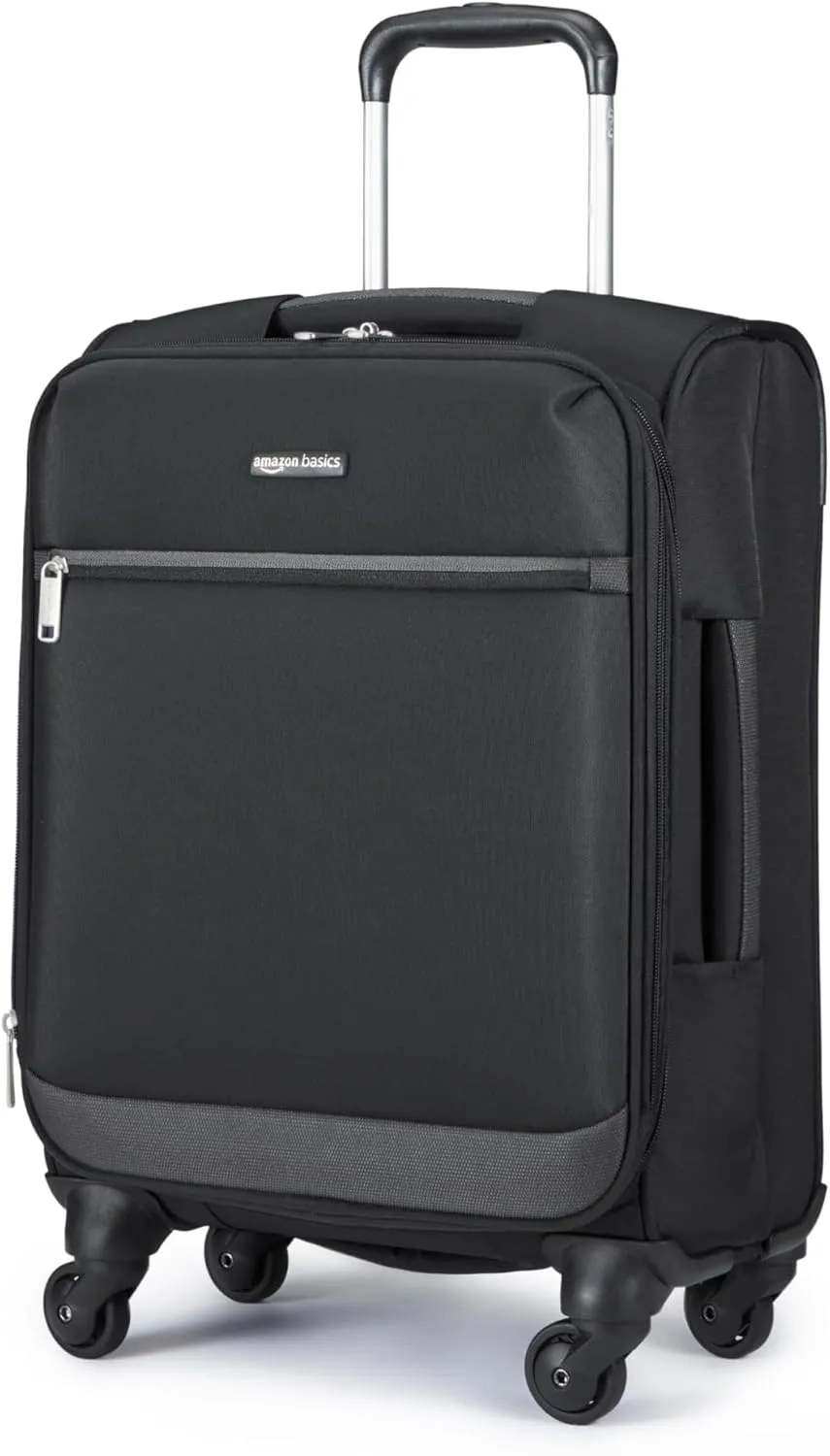 Amazon Basics Luggage, 21" Medium Carry-On Softside Suitcase With Wheels, With Four 360-Degree Multi-directional Spinner Wheels, Expandable Space, ZipperedPocket and Straps, Telescopic Handle, Black
