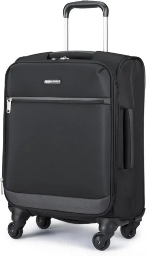 Amazon Basics Luggage, 21" Medium Carry-On Softside Suitcase With Wheels, With Four 360-Degree Multi-directional Spinner Wheels, Expandable Space, ZipperedPocket and Straps, Telescopic Handle, Black