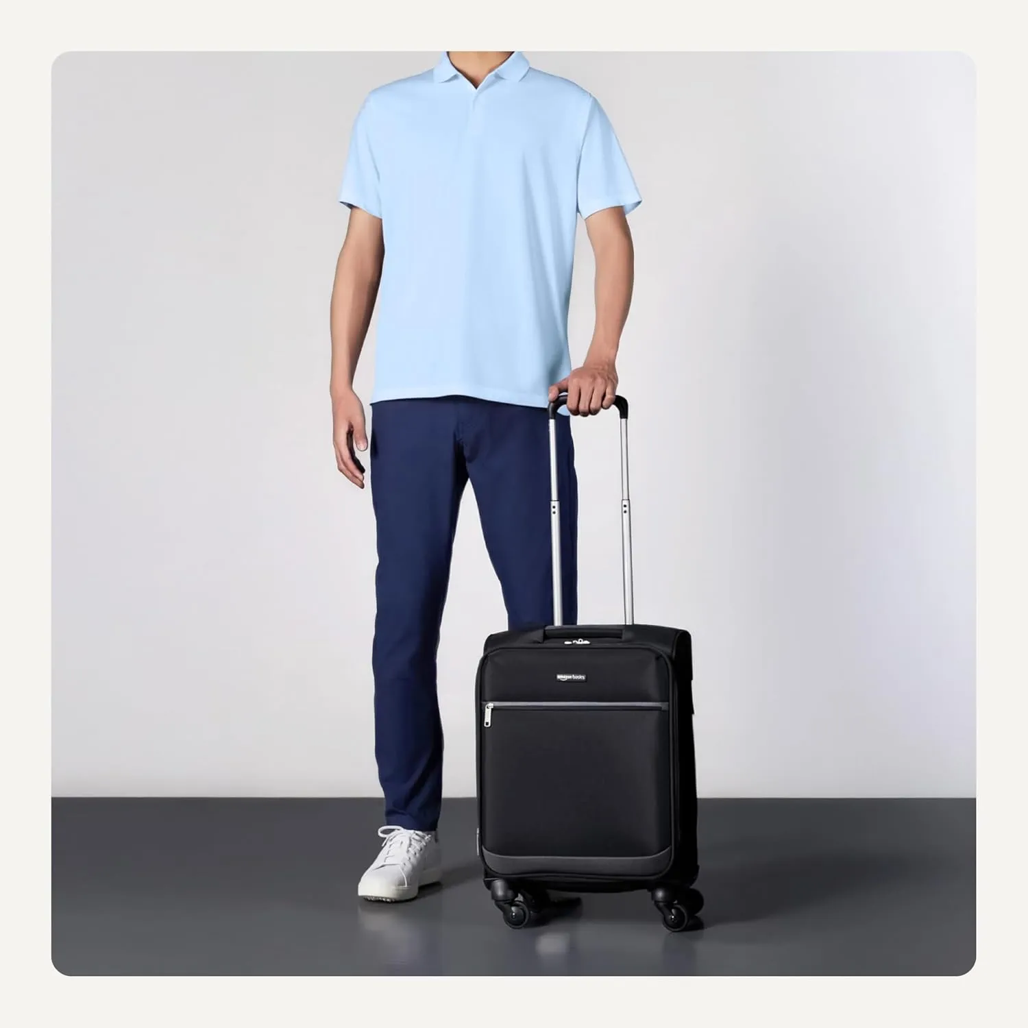Amazon Basics Luggage, 21" Medium Carry-On Softside Suitcase With Wheels, With Four 360-Degree Multi-directional Spinner Wheels, Expandable Space, ZipperedPocket and Straps, Telescopic Handle, Black