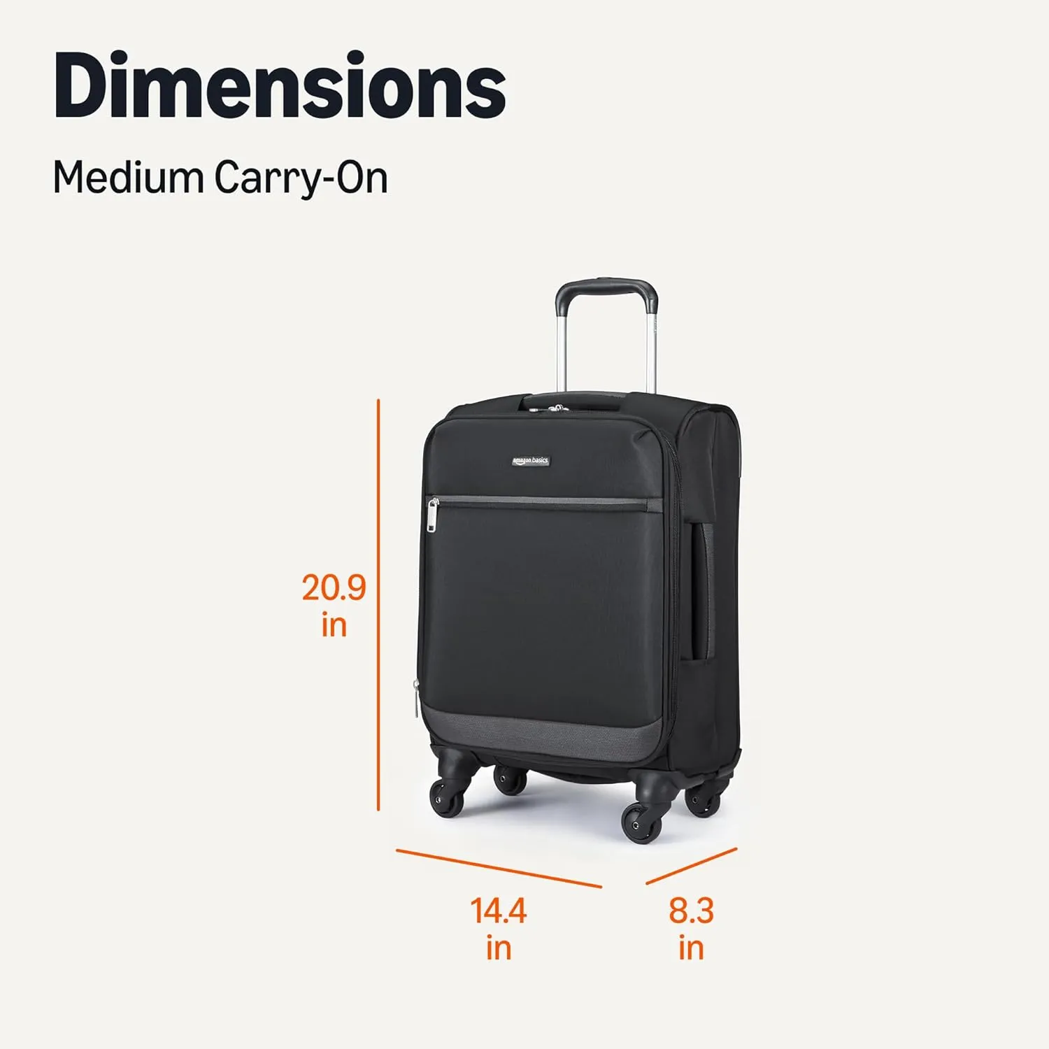 Amazon Basics Luggage, 21" Medium Carry-On Softside Suitcase With Wheels, With Four 360-Degree Multi-directional Spinner Wheels, Expandable Space, ZipperedPocket and Straps, Telescopic Handle, Black