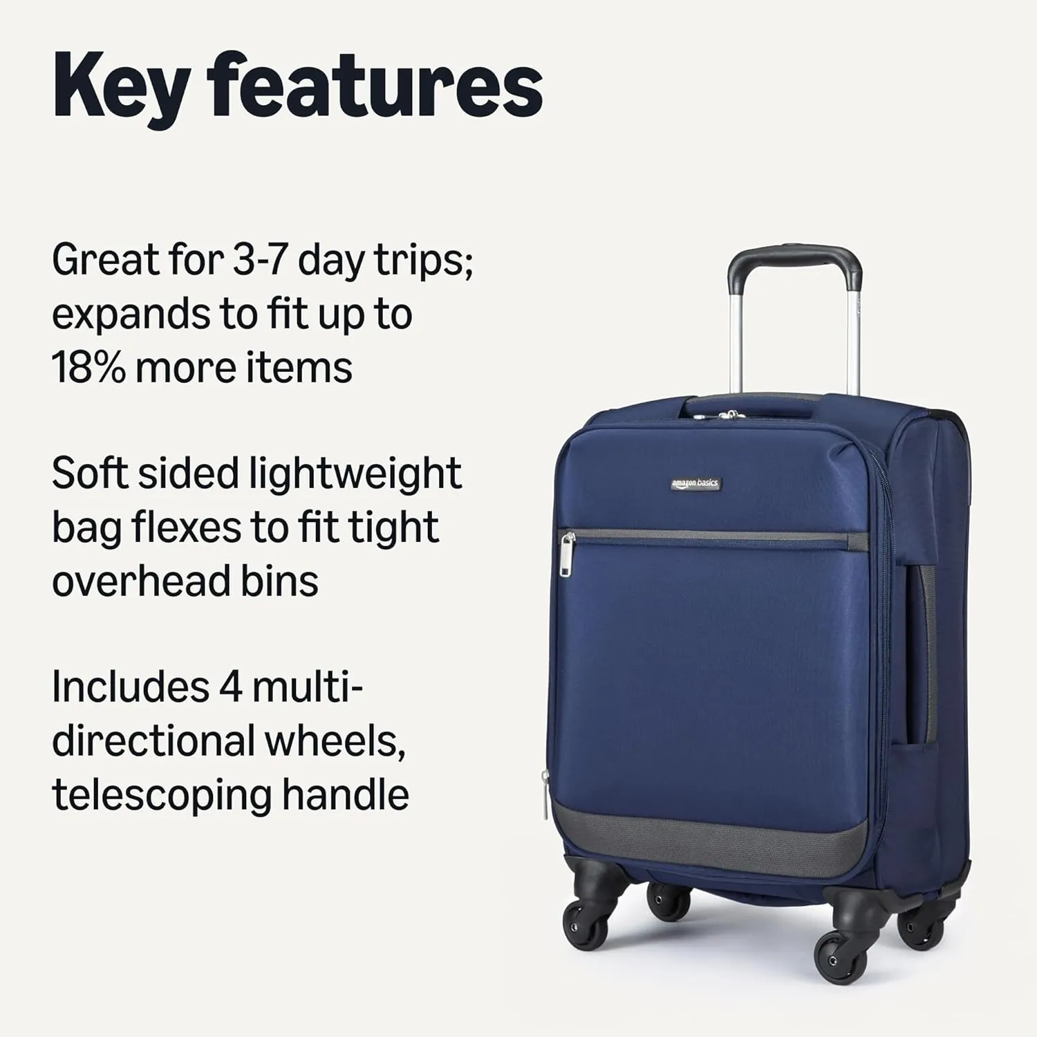 Amazon Basics Luggage, 21"Medium Carry-On Softside Suitcase With Wheels With Four 360-Degree Multi-directional Spinner Wheels Expandable Space Zippered Pocket and Straps Telescopic Handle Navy Blue