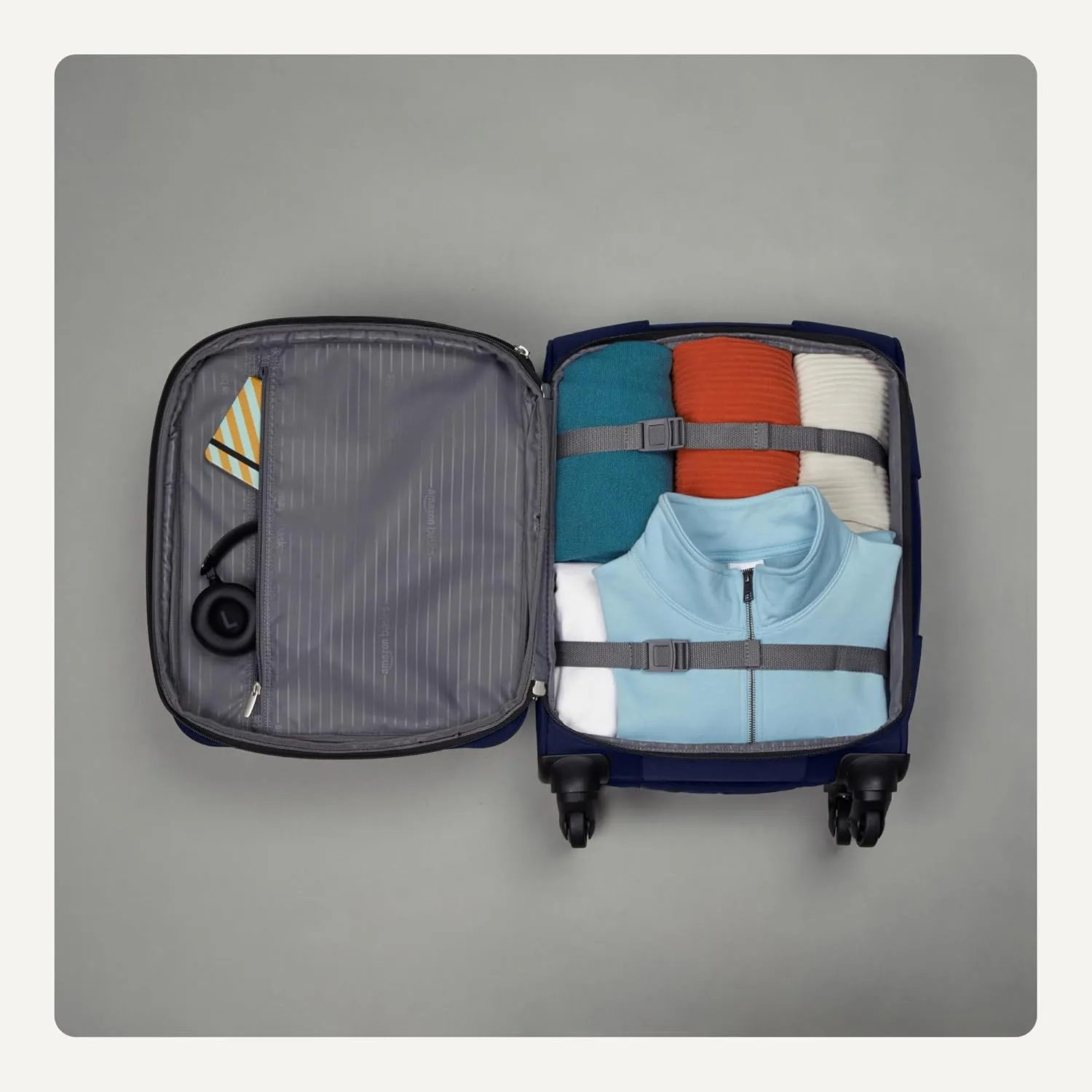 Amazon Basics Luggage, 21"Medium Carry-On Softside Suitcase With Wheels With Four 360-Degree Multi-directional Spinner Wheels Expandable Space Zippered Pocket and Straps Telescopic Handle Navy Blue