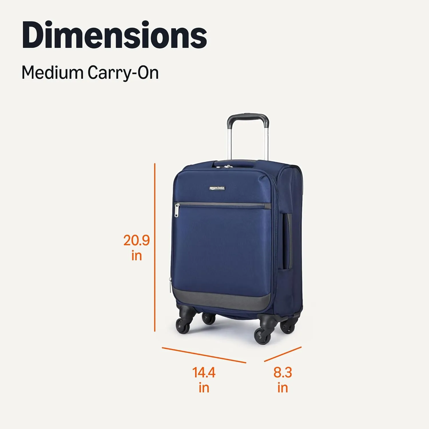 Amazon Basics Luggage, 21"Medium Carry-On Softside Suitcase With Wheels With Four 360-Degree Multi-directional Spinner Wheels Expandable Space Zippered Pocket and Straps Telescopic Handle Navy Blue