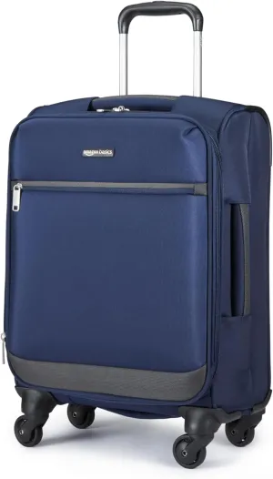 Amazon Basics Luggage, 21"Medium Carry-On Softside Suitcase With Wheels With Four 360-Degree Multi-directional Spinner Wheels Expandable Space Zippered Pocket and Straps Telescopic Handle Navy Blue